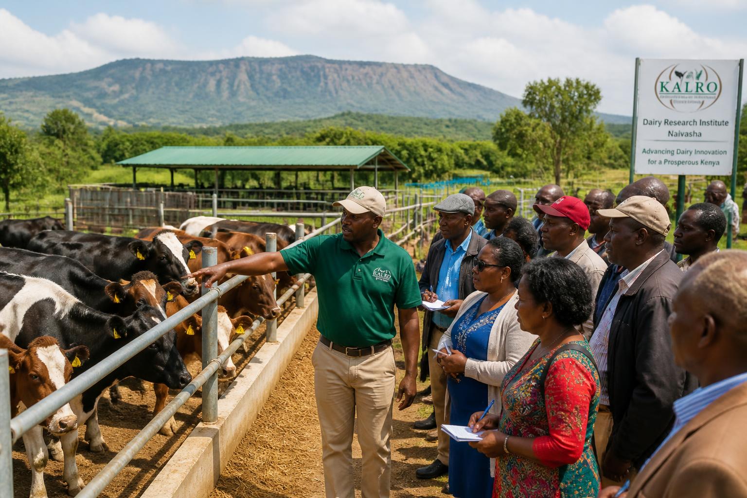 KALRO staff showing visitors the dairy cows at Naivasha farm
